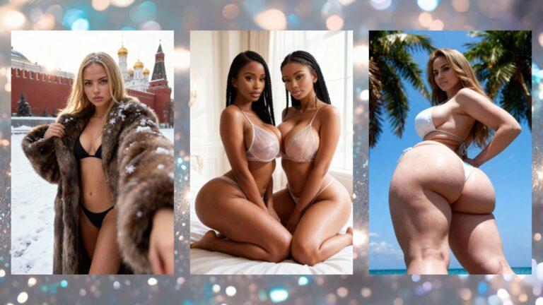 Four diverse AI-generated companions posing against a shimmering silver glitter background.