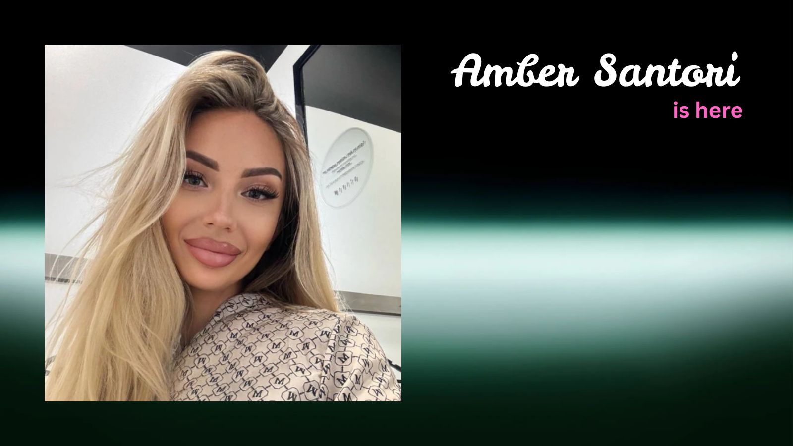 A high-resolution photo of creator Amber Santori set against a sleek gray and silver background with the text 'Amber Santori is Here,' showcasing her 85% first-month payout and 1.2s AI voice-cloning features on Fanvue in 2026.