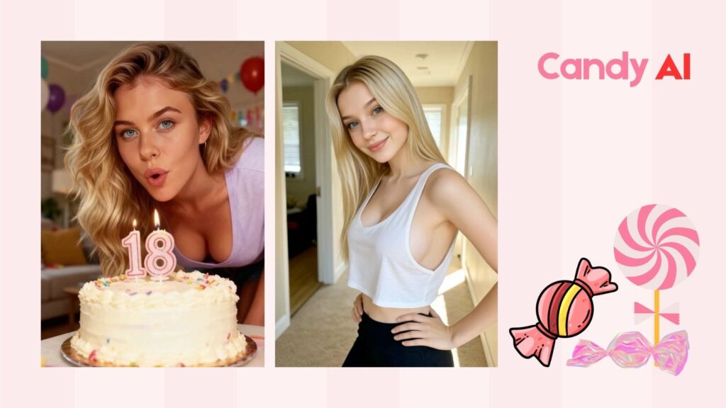 Two realistic AI girlfriend characters on a pink background holding candy, representing Candy AI's 2026 interface for safe NSFW roleplay.