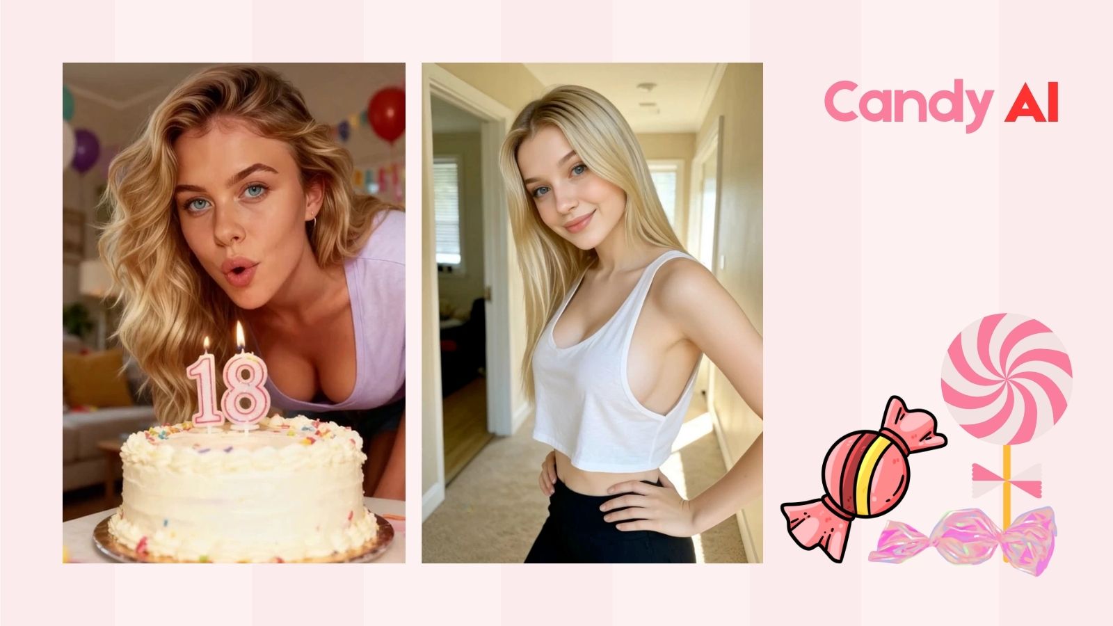 Two realistic AI girlfriend characters on a pink background holding candy, representing Candy AI's 2026 interface for safe NSFW roleplay.