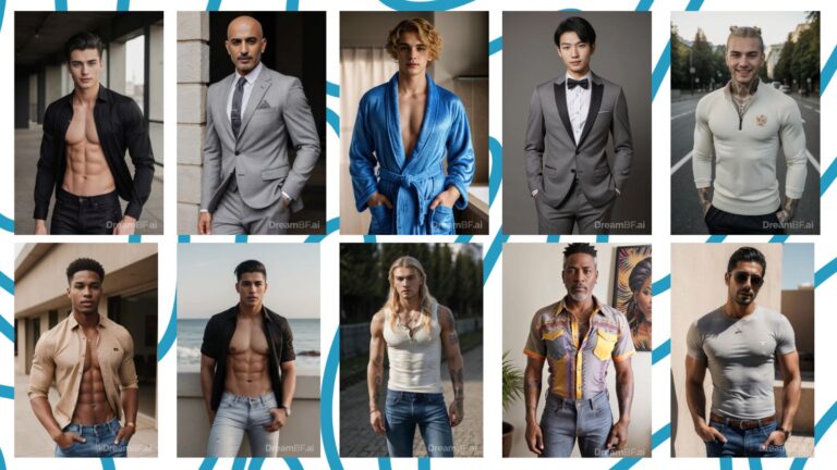 Ten diverse AI boyfriends on a white background with blue swirling lines, representing custom character design options.