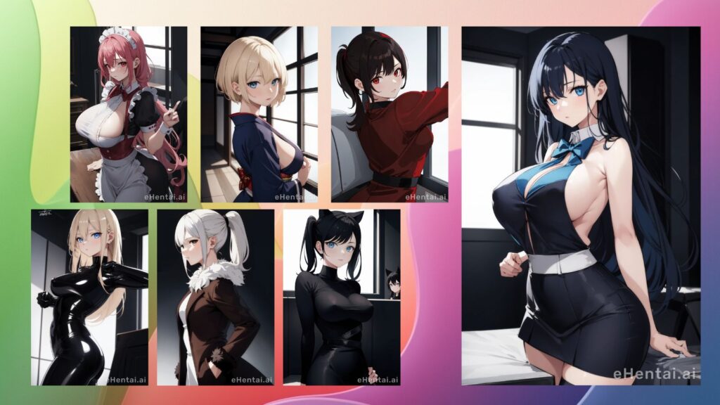 Seven diverse AI-generated anime girls with different hair colors and outfits against a vibrant, colorful neon background