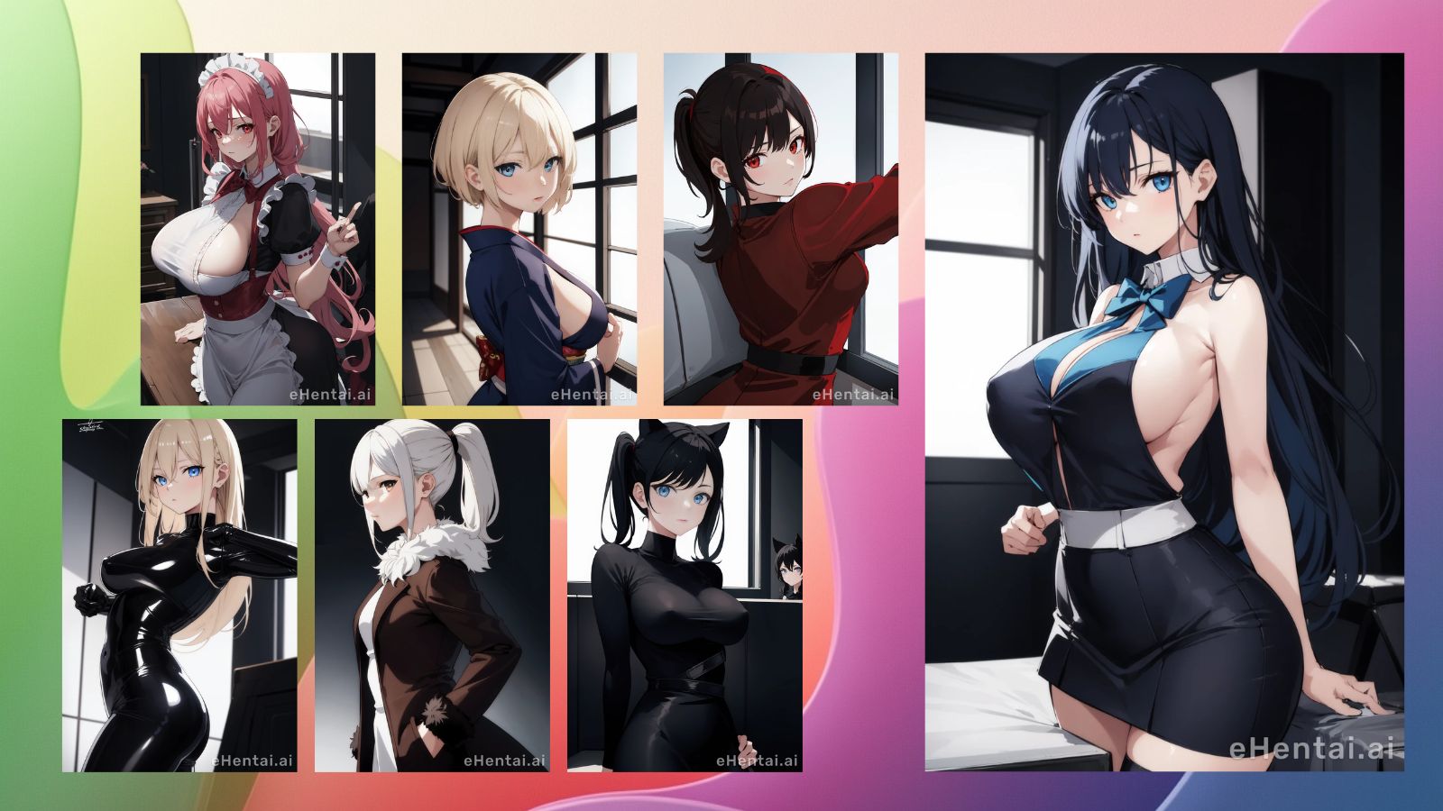 Seven diverse AI-generated anime girls with different hair colors and outfits against a vibrant, colorful neon background