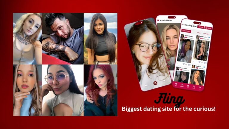Diverse group of five women and one man posing against a red background with text overlay reading 'Fling: biggest dating site for the curious'.