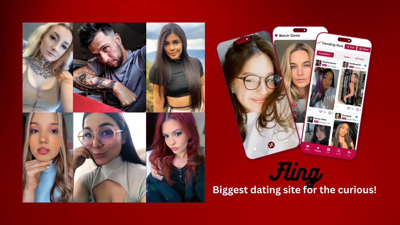 Diverse group of five women and one man posing against a red background with text overlay reading 'Fling: biggest dating site for the curious'.