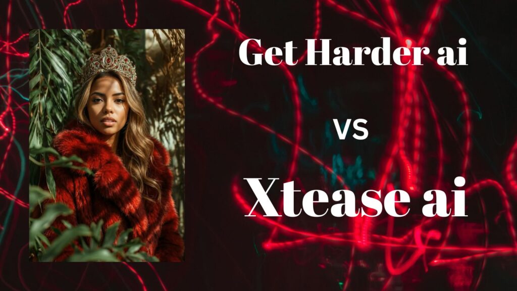 A futuristic AI woman stands against a high-contrast black and red background with neon accents, displaying the text 'Get Harder AI vs Xtease AI,' comparing 2026 peak arousal speed and climax quality.
