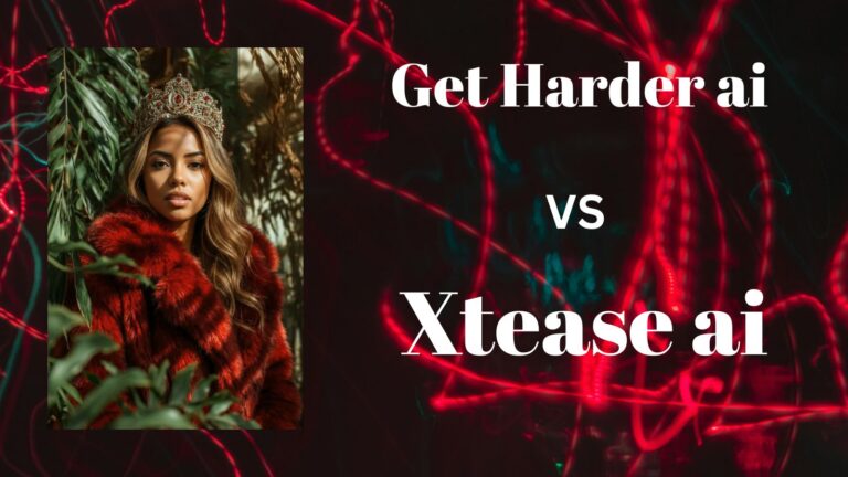 A futuristic AI woman stands against a high-contrast black and red background with neon accents, displaying the text 'Get Harder AI vs Xtease AI,' comparing 2026 peak arousal speed and climax quality.