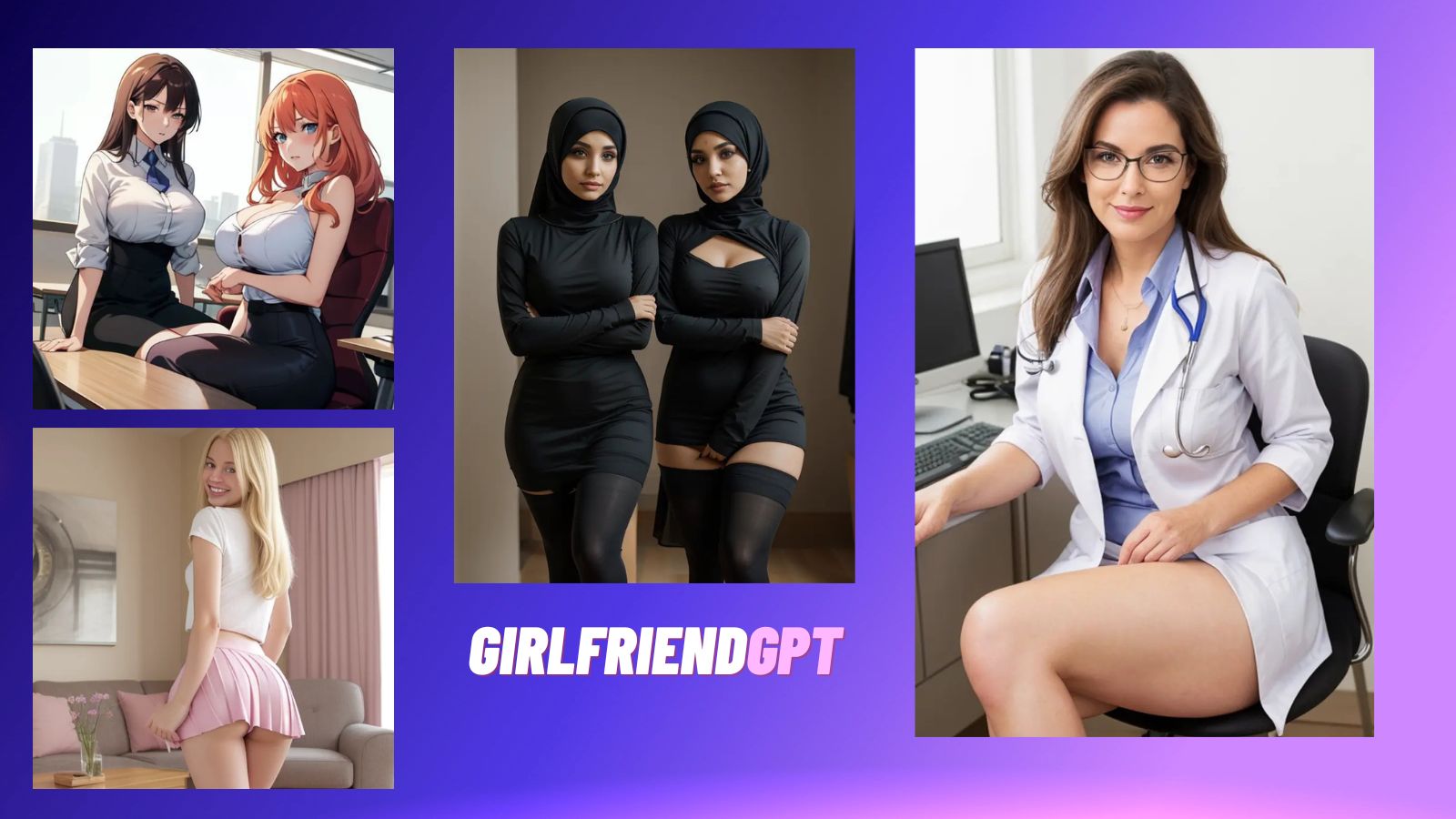 A high-resolution lineup of 6 AI girls including realistic models and anime waifus on a vibrant purple background with the GirlfriendGPT logo, showcasing the platform’s 40,000+ community-created character variety in 2026.