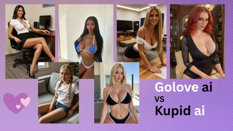 A professional comparison graphic featuring 6 diverse AI-generated women against a sleek purple background, with the text "GoLove AI vs Kupid AI" representing the 2026 battle for emotional AI supremacy.