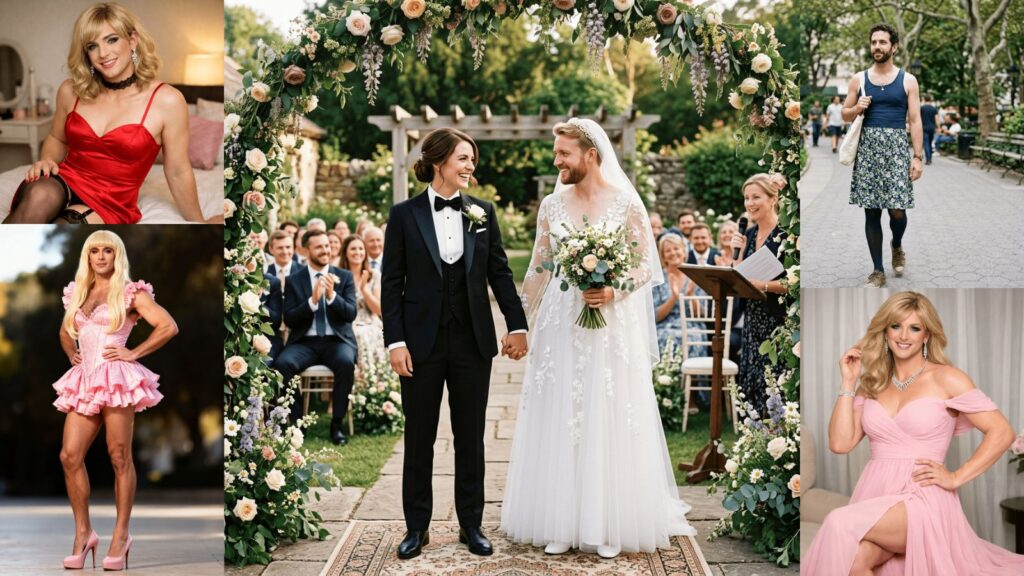 A diverse group of six people showcasing various crossdressing styles and fashion, standing together in a welcoming, colorful studio environment.