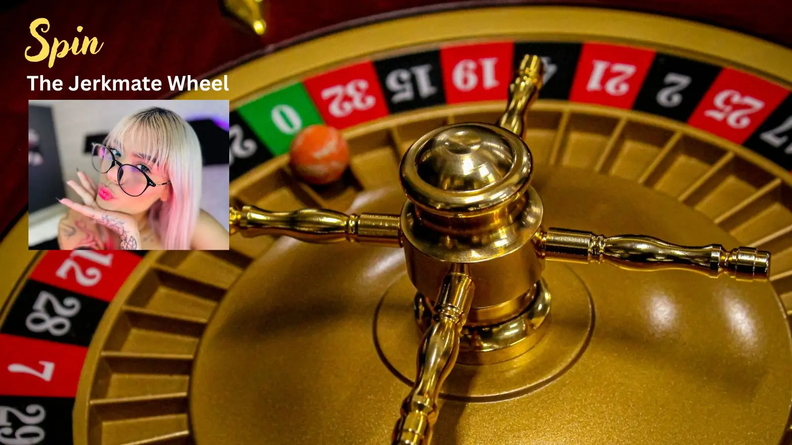 A high-fidelity AI girl standing in front of a glowing digital roulette wheel interface with the text 'Spin the Jerkmate Wheel,' representing the 2026 1-click matching feature.