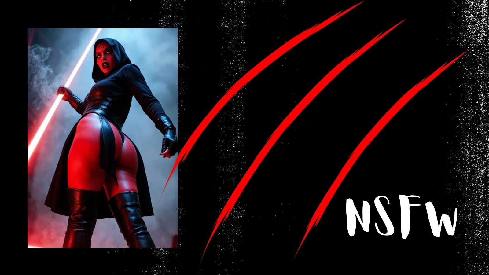 A realistic AI devil girl holding a red lightsaber on a black background with red claw marks, showcasing Joi AI 2026's NSFW uncensored character chat capabilities.