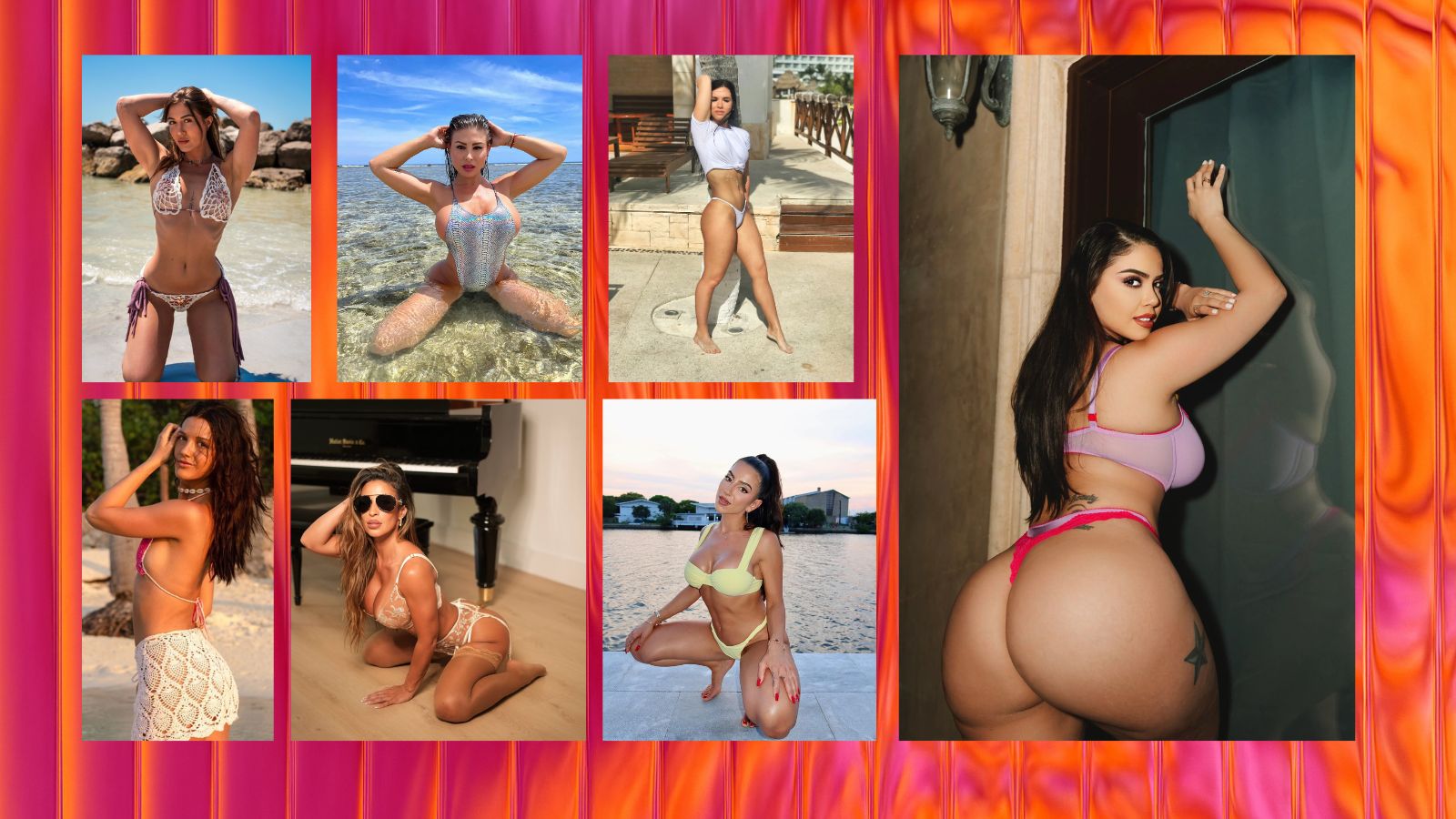Seven diverse AI-generated digital companions posed against a vibrant orange and red background to represent JustSext AI girlfriend platform features.