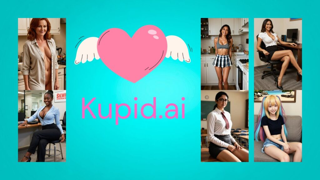 A diverse lineup of 6 AI companions on a turquoise background, featuring a cupid heart with wings and the Kupid AI logo, representing a personalized AI dating simulator.