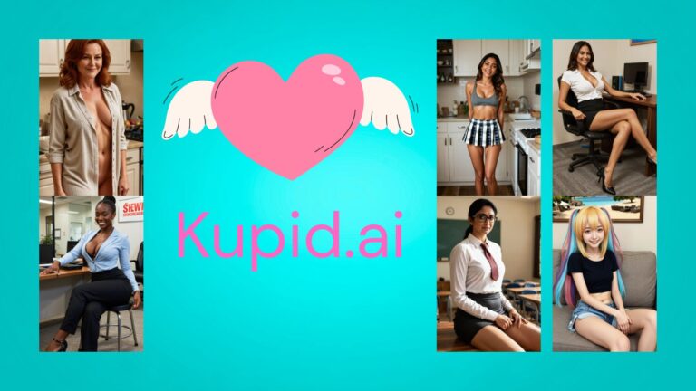 A diverse lineup of 6 AI companions on a turquoise background, featuring a cupid heart with wings and the Kupid AI logo, representing a personalized AI dating simulator.