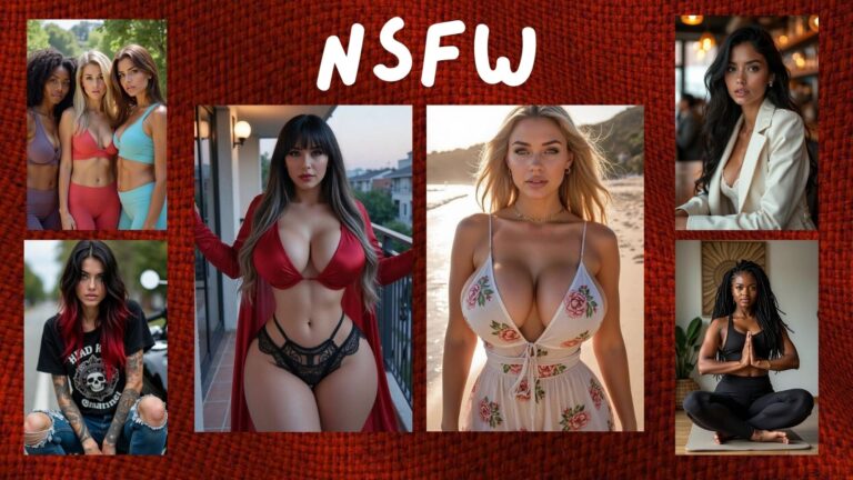 A lineup of 8 diverse AI girls on a dark red background with top-center "NSFW" text, demonstrating the uncensored character creation capabilities of Luvr AI in 2026.