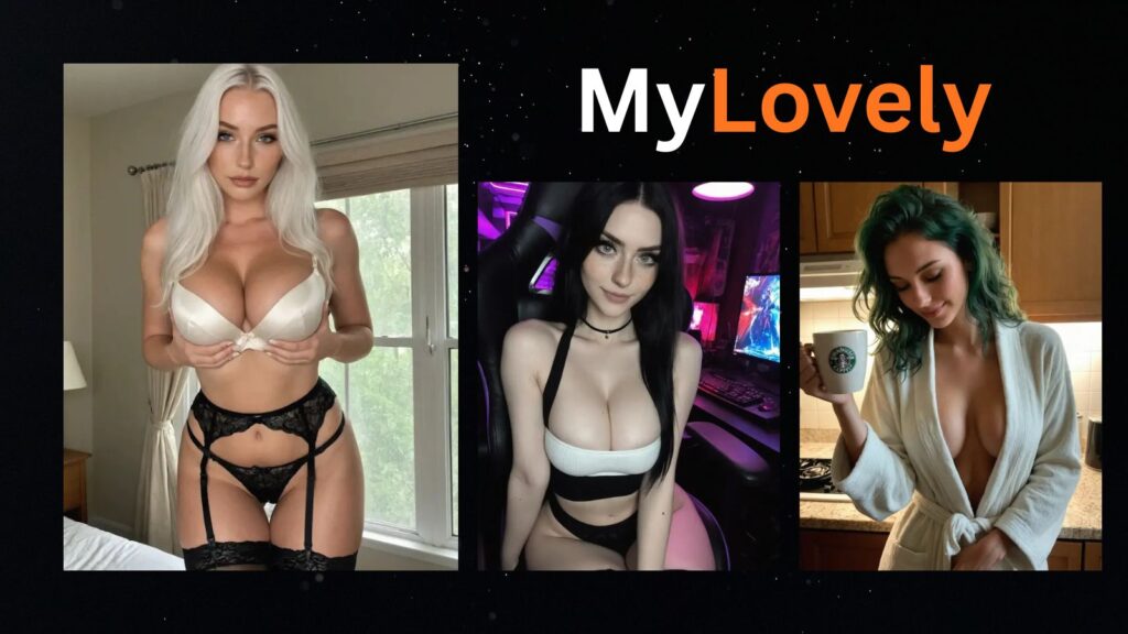 Three diverse AI-generated companions posed against a minimalist black background with the stylized brand text MYLOVELY.