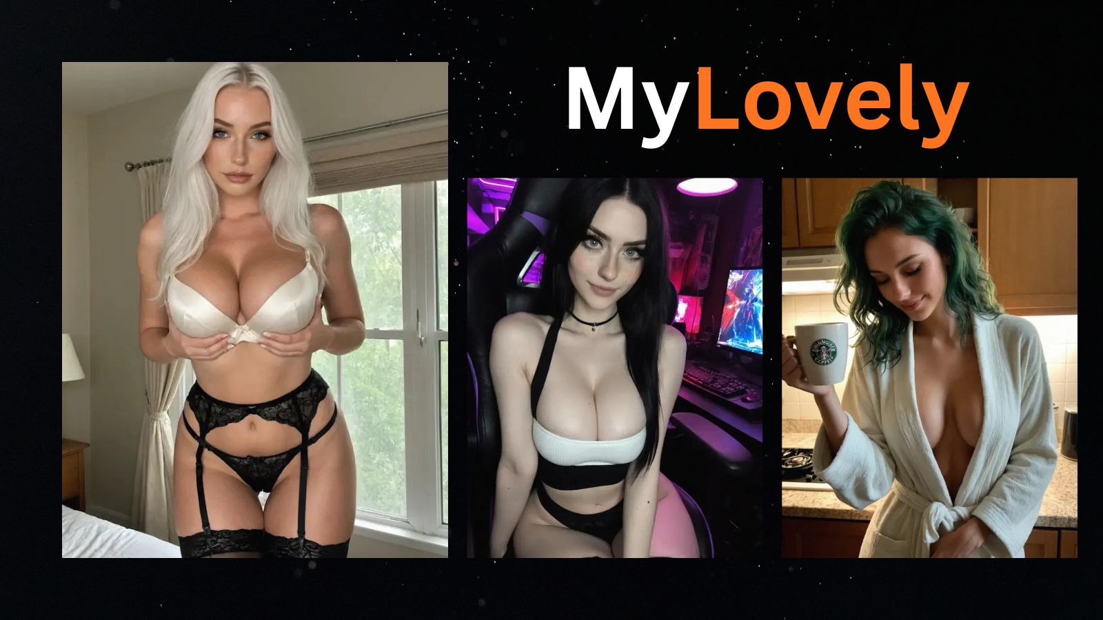 Three diverse AI-generated companions posed against a minimalist black background with the stylized brand text MYLOVELY.