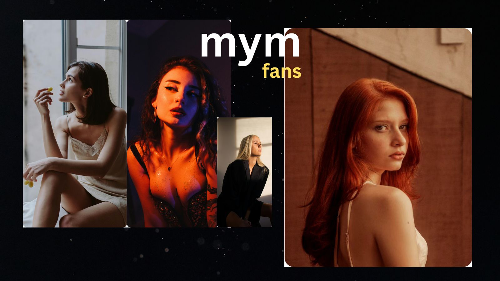 Four diverse female creators posing against a sleek black background with the MYM.fans logo and blue accent graphics.