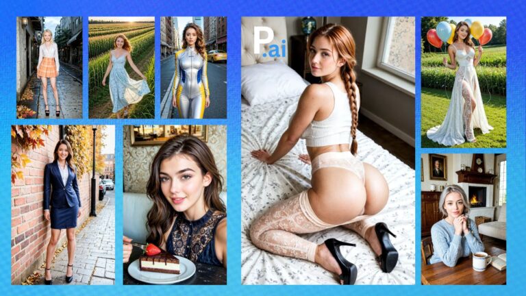 Eight diverse AI-generated digital companions set against a glowing blue radiant background, showcasing the visual quality of the Pleasur.ai platform.