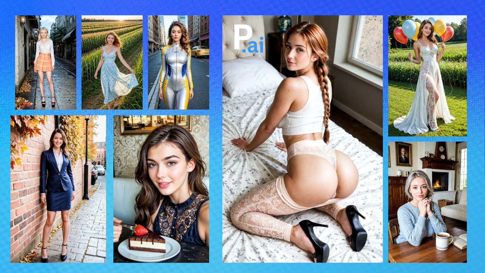 Eight diverse AI-generated digital companions set against a glowing blue radiant background, showcasing the visual quality of the Pleasur.ai platform.