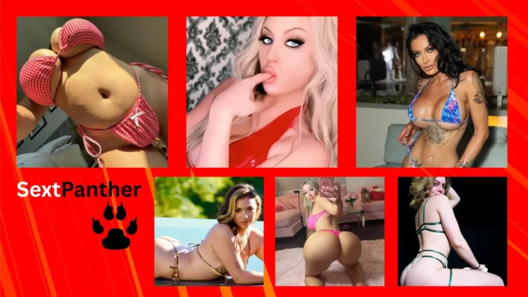 A prominent red background features six diverse, attractive adult performers alongside the official 'SextPanther' text and a panther claw graphic, symbolizing the platform's verified A-list star texting and 9.3/10 fantasy fulfillment for the 2026 review.