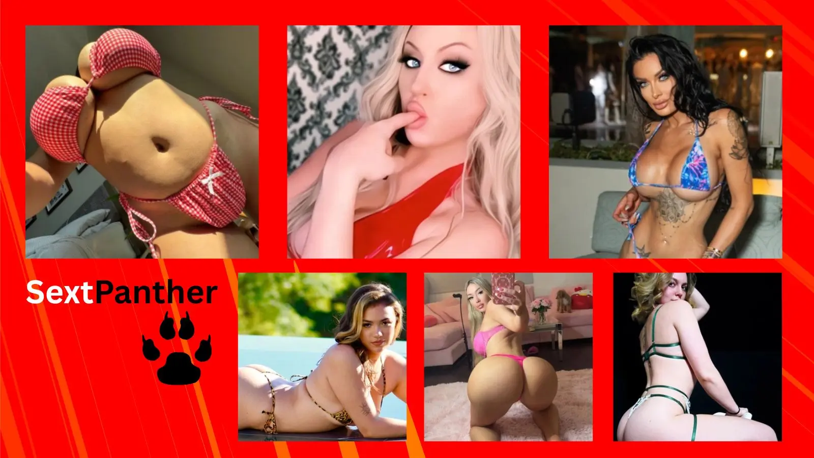 A prominent red background features six diverse, attractive adult performers alongside the official 'SextPanther' text and a panther claw graphic, symbolizing the platform's verified A-list star texting and 9.3/10 fantasy fulfillment for the 2026 review.