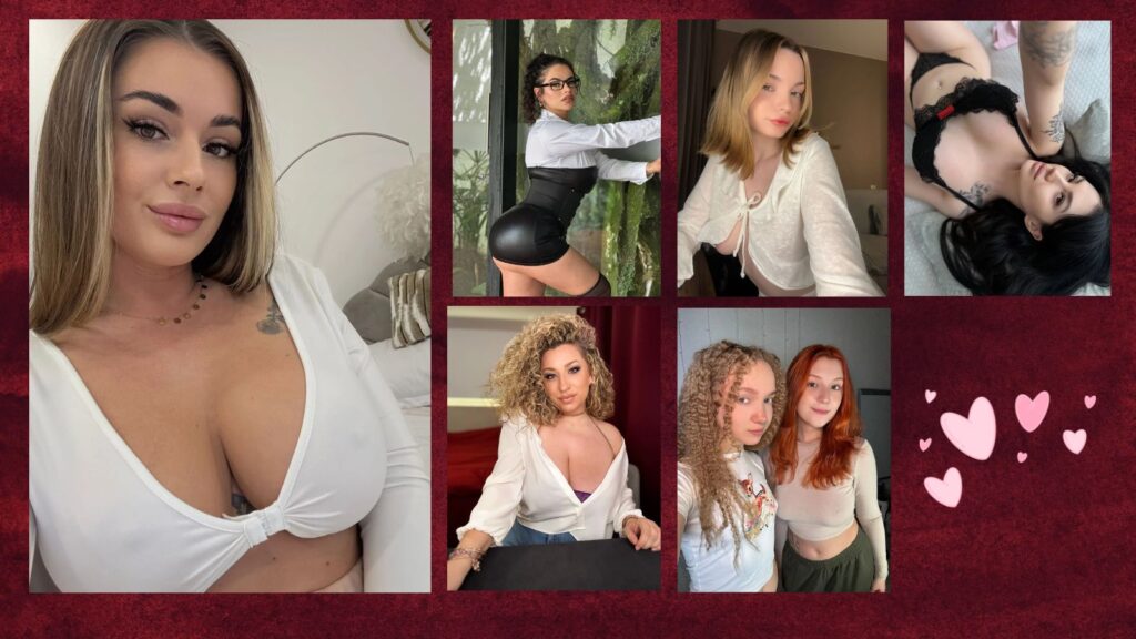 A diverse group of 7 cam models professionally posed against a rich burgundy background with soft pink heart accents, representing the inclusive community of Stripchat in 2026.