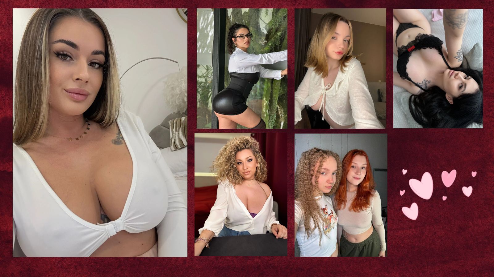 A diverse group of 7 cam models professionally posed against a rich burgundy background with soft pink heart accents, representing the inclusive community of Stripchat in 2026.