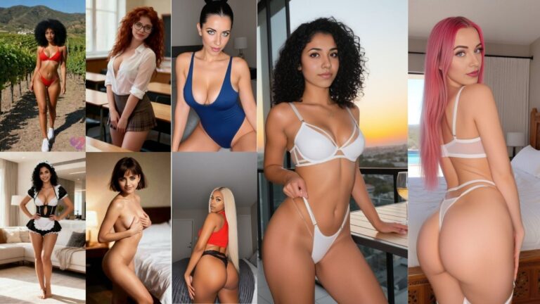 A lineup of 8 diverse AI girls on a dark red background with "NSFW" text, showcasing Swipey AI's 2026 character variety including realistic babes, anime waifus, and verified creator twins.