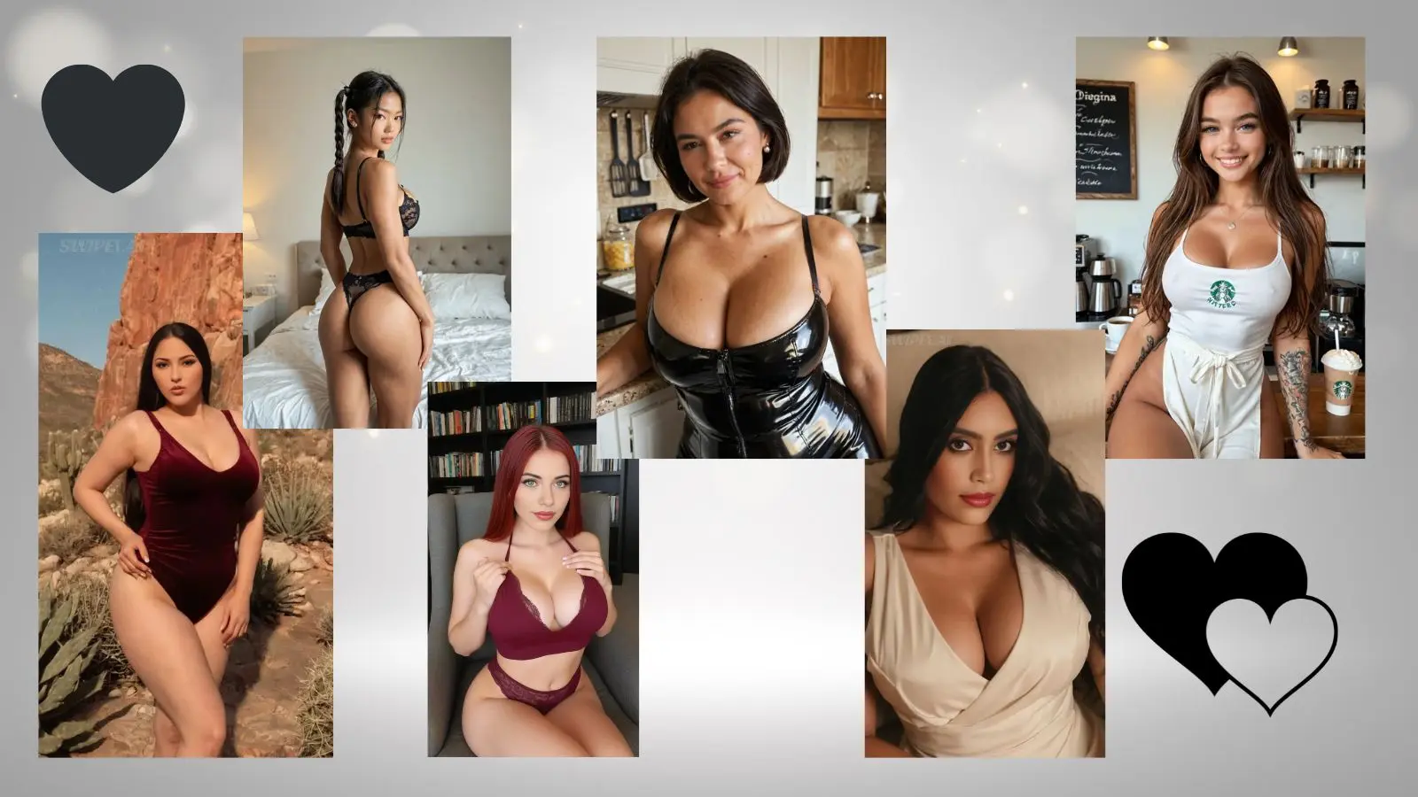 A high-definition montage of 6 diverse AI girl character profiles against a sleek metallic silver background decorated with black and white heart motifs, representing the infinite matching variety of Swipey AI and Darlink AI in 2026.