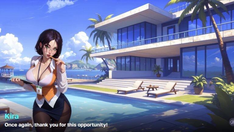 Anime girl Kira stands in front of Harem Villa on a tropical beach, with the text “Once again, thank you for the opportunity”