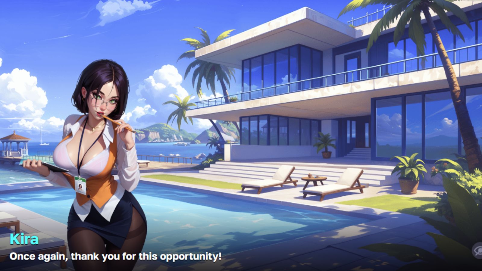Anime girl Kira stands in front of Harem Villa on a tropical beach, with the text “Once again, thank you for the opportunity”