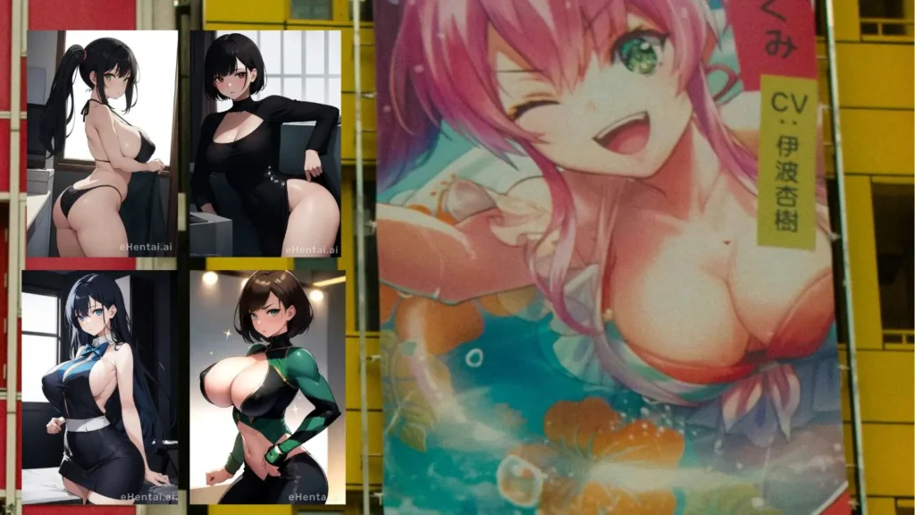 A high-density AI-generated anime mural of an eHentai-style girl displayed on a large building wall in a neon-lit Japanese city street at night.