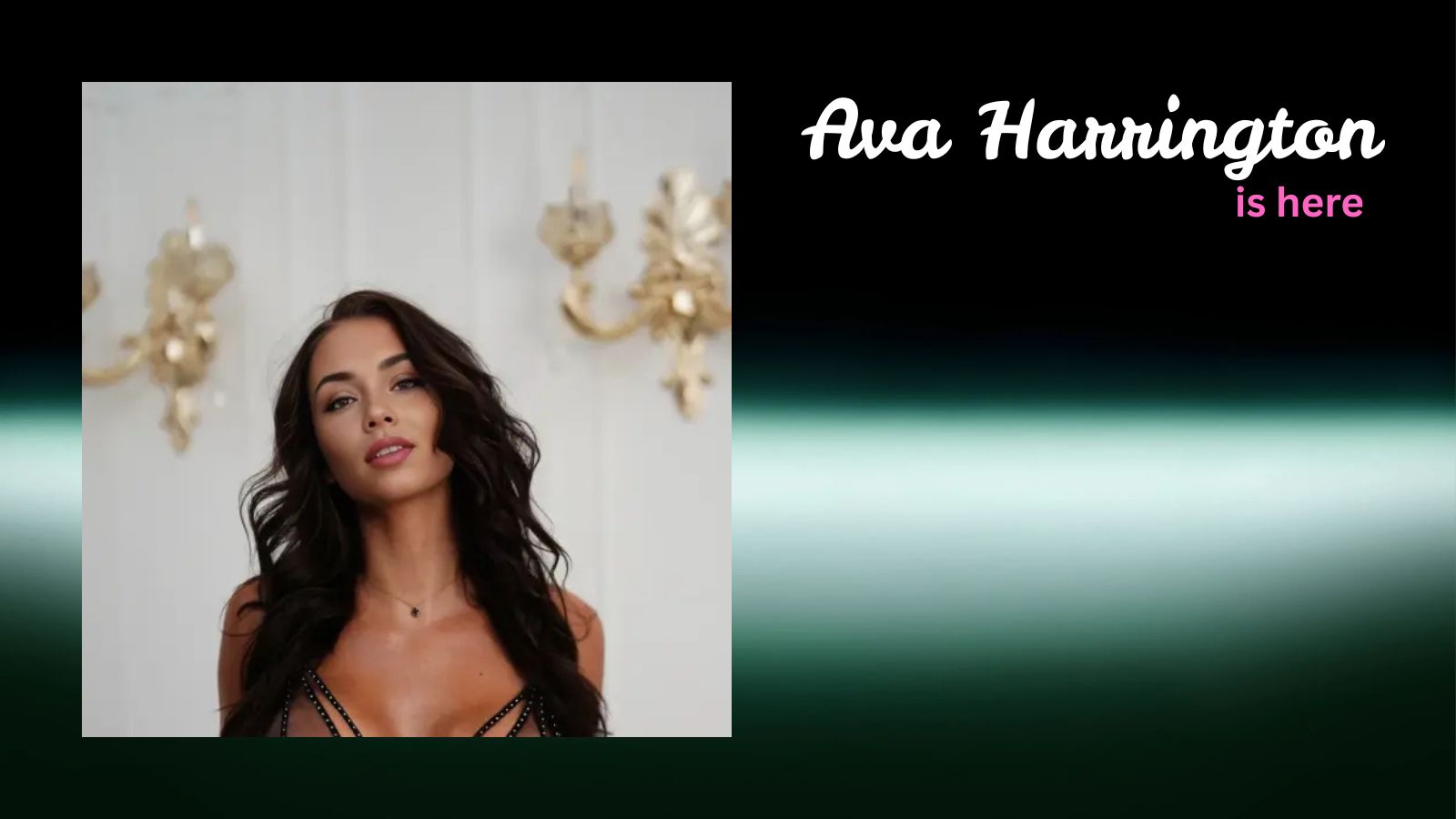 AI virtual creator Ava Harrington posing against a solid black background with the bold red and white text overlay reading 'Ava Harrington is here.'