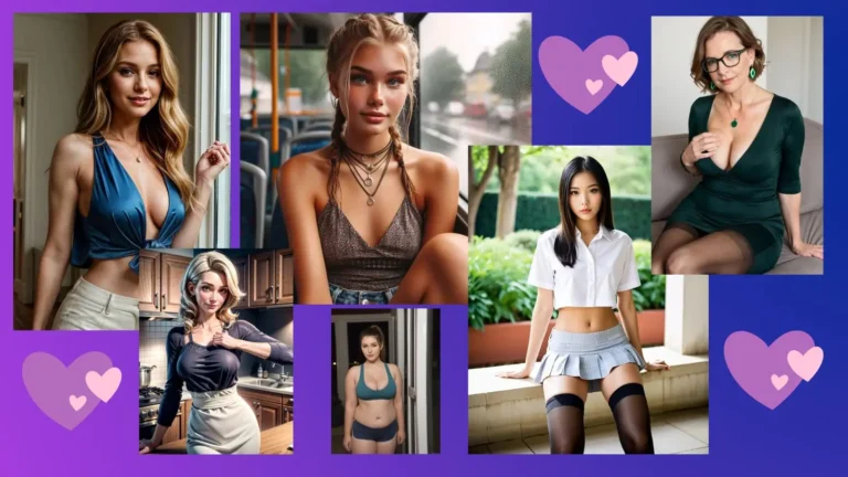 A comparison grid of 6 AI girlfriend characters with unique personalities on a vibrant purple background with digital hearts.