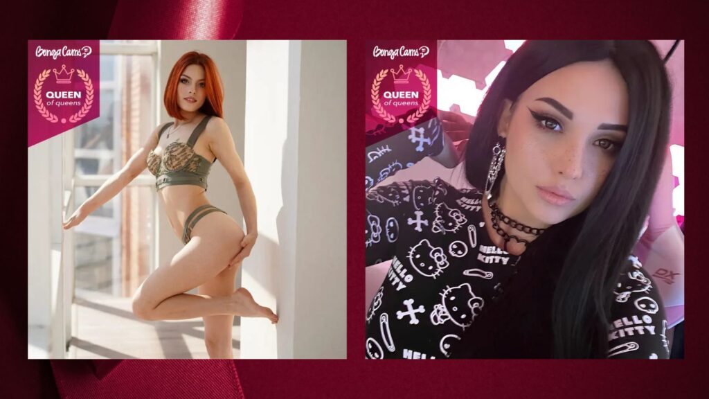 Two elite BongaCams 'Queen of Queens' contest winners pose against a deep maroon background, representing the platform's top-tier 4K talent and $0.02 interactive toy control features in 2026.