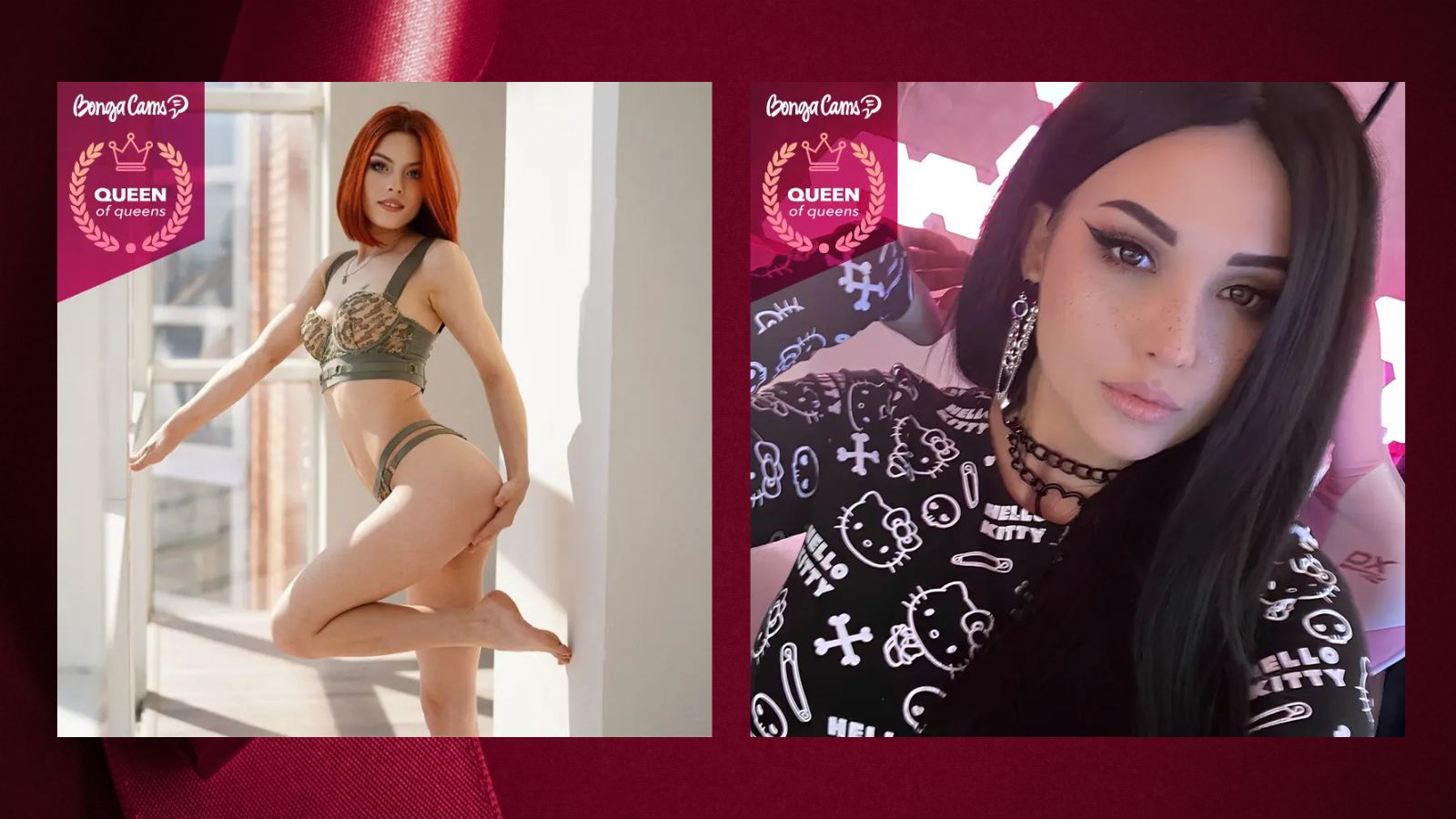 Two elite BongaCams 'Queen of Queens' contest winners pose against a deep maroon background, representing the platform's top-tier 4K talent and $0.02 interactive toy control features in 2026.