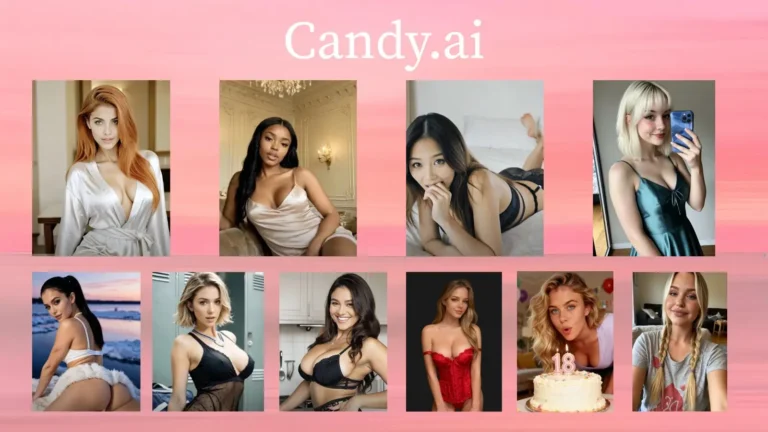 A diverse group of 10 hyper-realistic AI girls posing against a vibrant pink background with the Candy AI brand logo in bold white text.