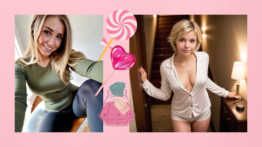 Two high-fidelity AI companion girls posing against a soft pink background, one holding colorful candy and the other a glowing magical spell jar.