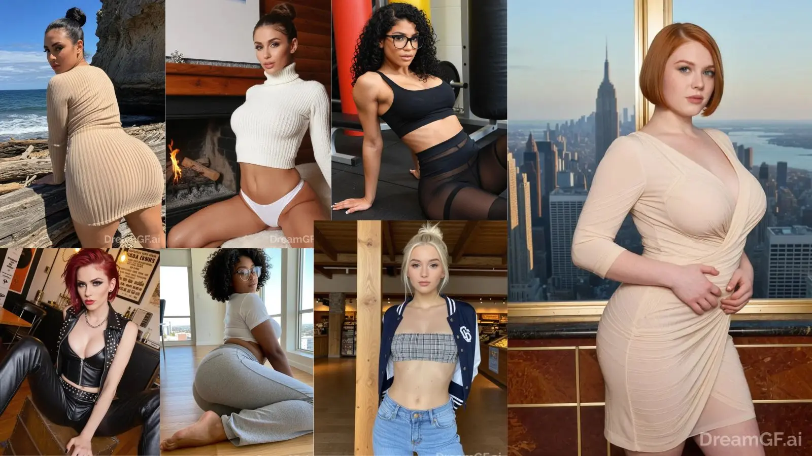 A group of 5 diverse and realistic AI girls displayed on a high-tech purple background with frosted glass layers and heart accents, representing the DreamGF.AI 2026 dating simulator interface.