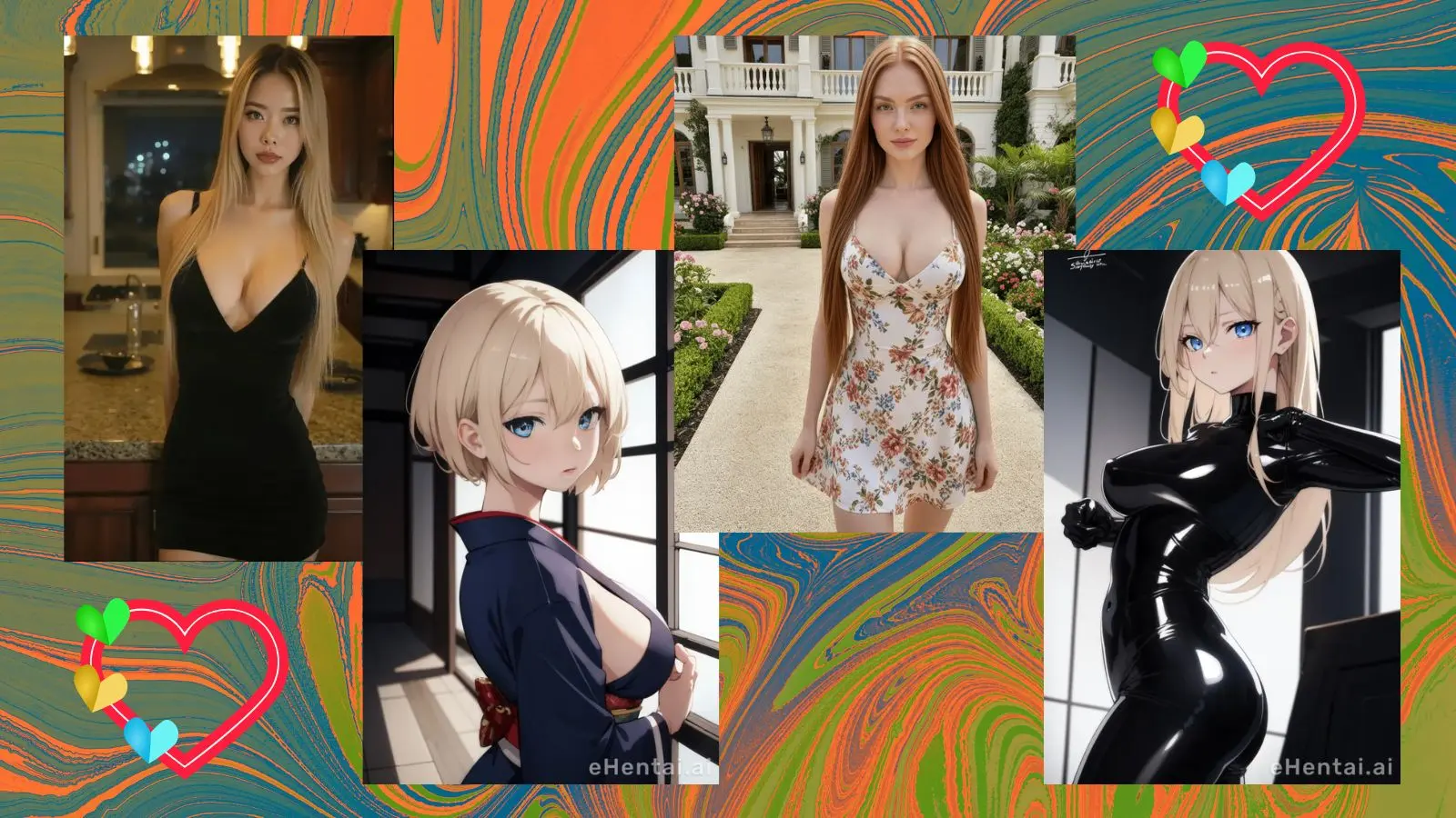 Two photorealistic AI women and two anime-style girls are set against a vibrant, colorful swirly background with red, green, yellow, and blue hearts, representing the 100% uncensored hentai variety of eHentai AI vs the 75+ taboo scenarios of Secrets AI in 2026.