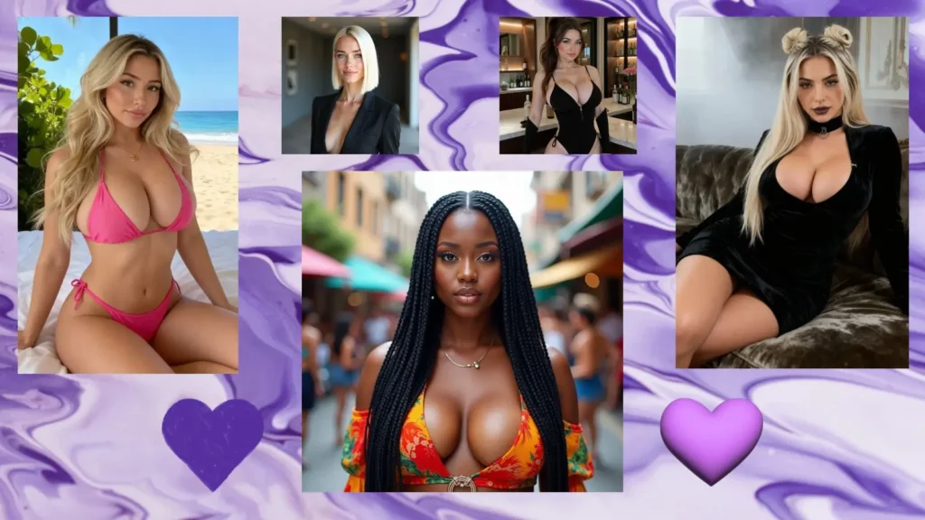 A group of five diverse AI-generated girls standing against a vibrant purple splash background featuring two stylized purple hearts, representing the Fanfinity AI v6.1 update.