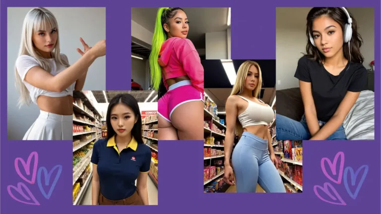 A group of 5 diverse and realistic AI companion girls on a vibrant purple background featuring purple heart accents, representing the Infatuated.AI multimodal social universe.