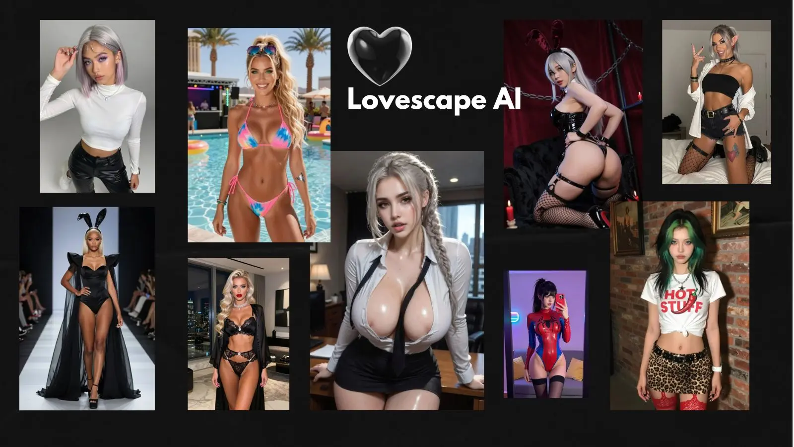 A grid display of nine realistic and diverse AI-generated female companion avatars on a dark background, featuring a centered silver heart icon and the white text overlay 'Lovescape AI' to highlight the 2026 update.
