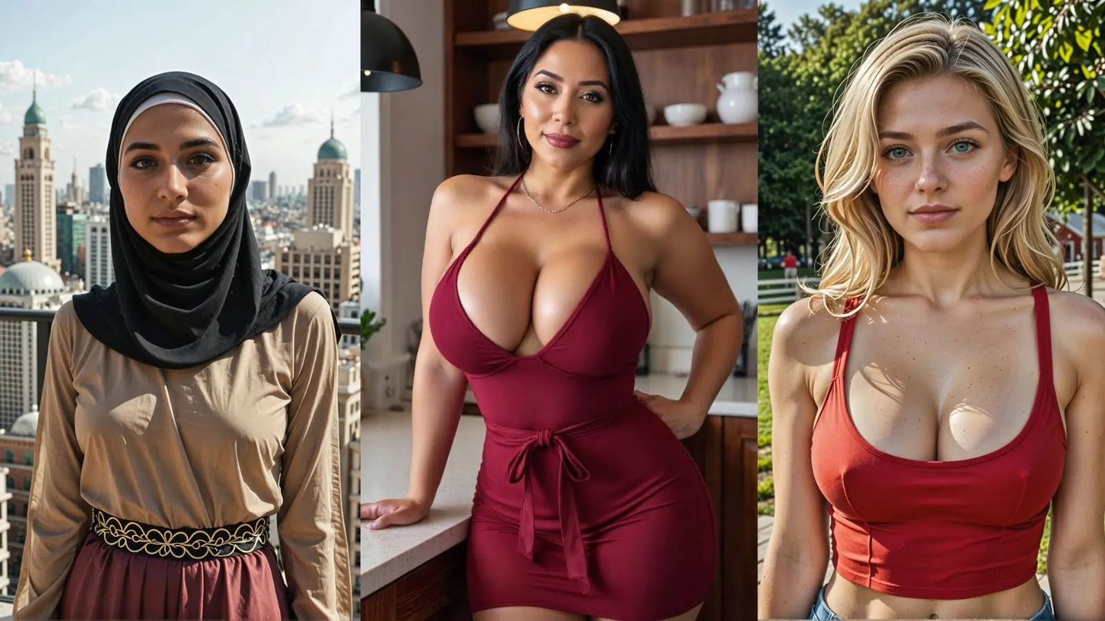 Three AI women representing diverse global ethnicities—Latina, Asian, and Middle Eastern—stand together to illustrate the 40+ archetypes available on Xotic AI vs the 25 photoreal profiles on Luvr AI in 2026.