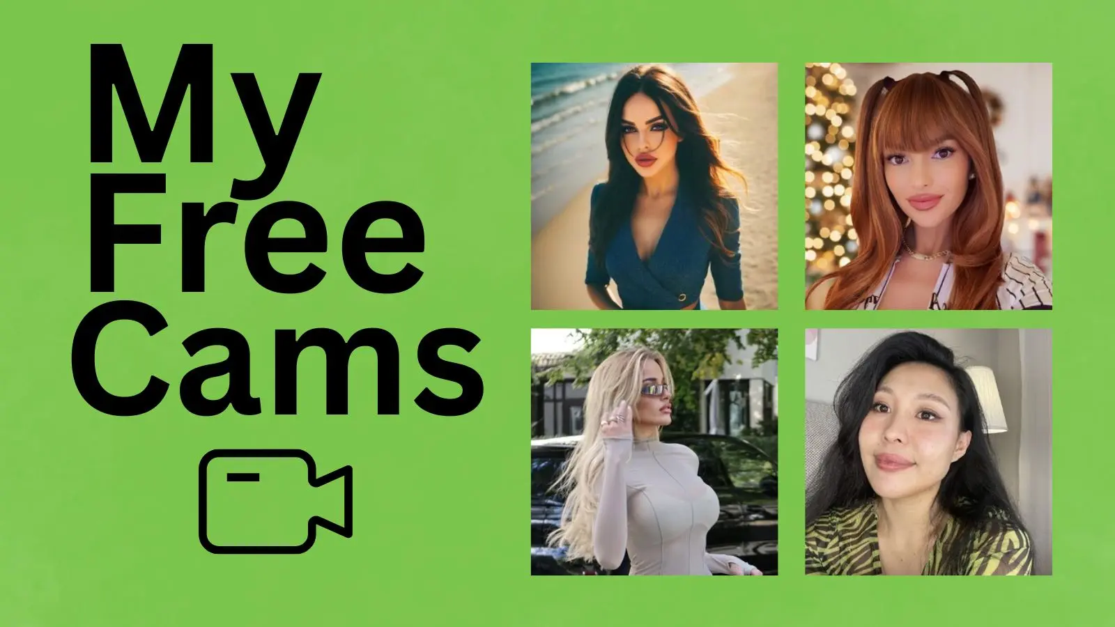 A high-quality composite of four diverse live cam models against a vibrant green background, featuring a 'MyFreeCams' text overlay above a simulated webcam interface to showcase the 2026 desktop experience.