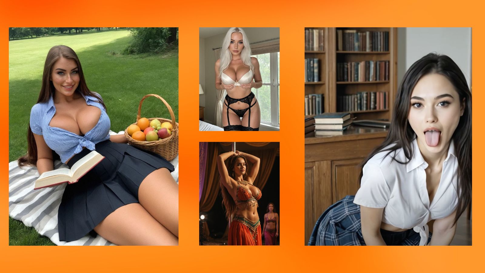 Four diverse AI girlfriend avatars stand against a vibrant orange background, representing the 1,200-detail memory of MyLovely AI and the 100-photo gallery of Candy AI in 2026.