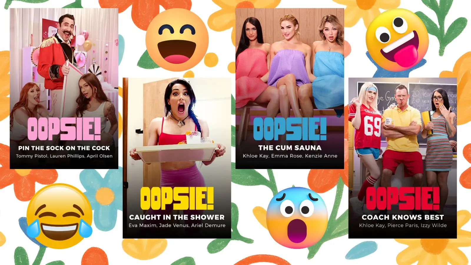 A vibrant collage featuring four humorous Oopsie.com scenario posters layered over a colorful, artistic flower background, accented with four expressive funny emoji faces.