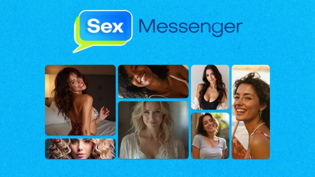 A group of seven diverse females posing against a vibrant, bright blue background featuring the "Sex Messenger" text logo in a modern, professional aesthetic.